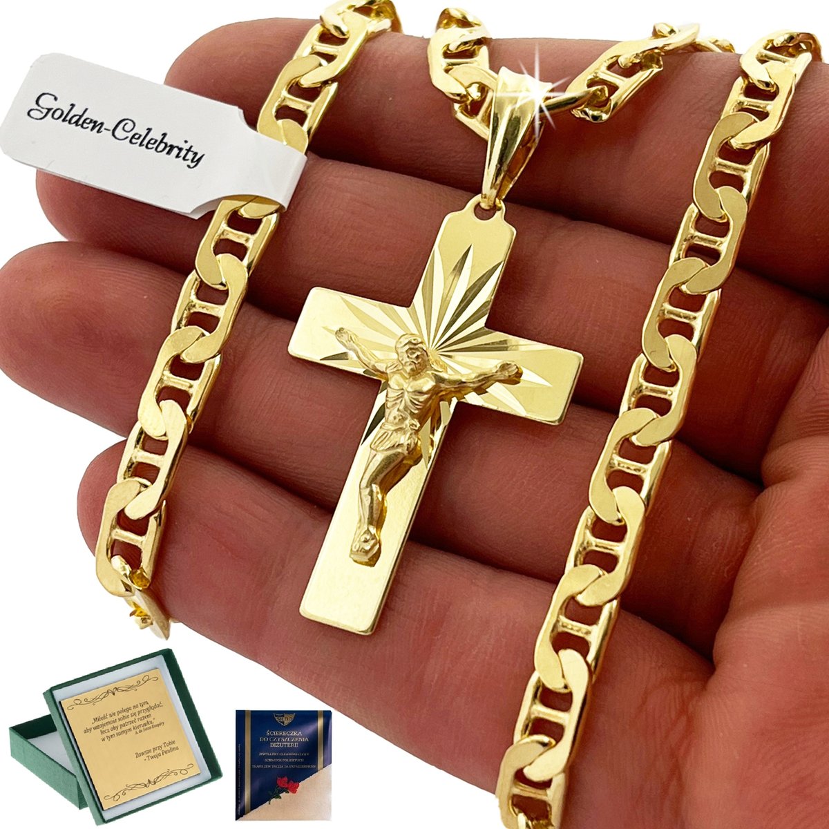 Gruby Męski Złoty Łańcuszek Gucci+Krzyż Srebrny 925 Prezent / Grawer Gratis