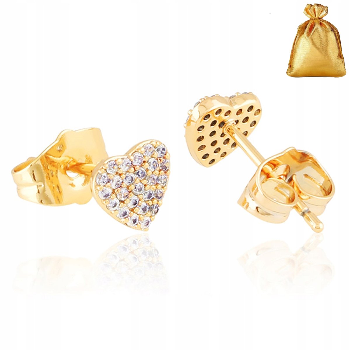 Złote Kolczyki Serca Sztyfty Wkrętki Celebrytki Z Cyrkoniami 18K Dla Niej