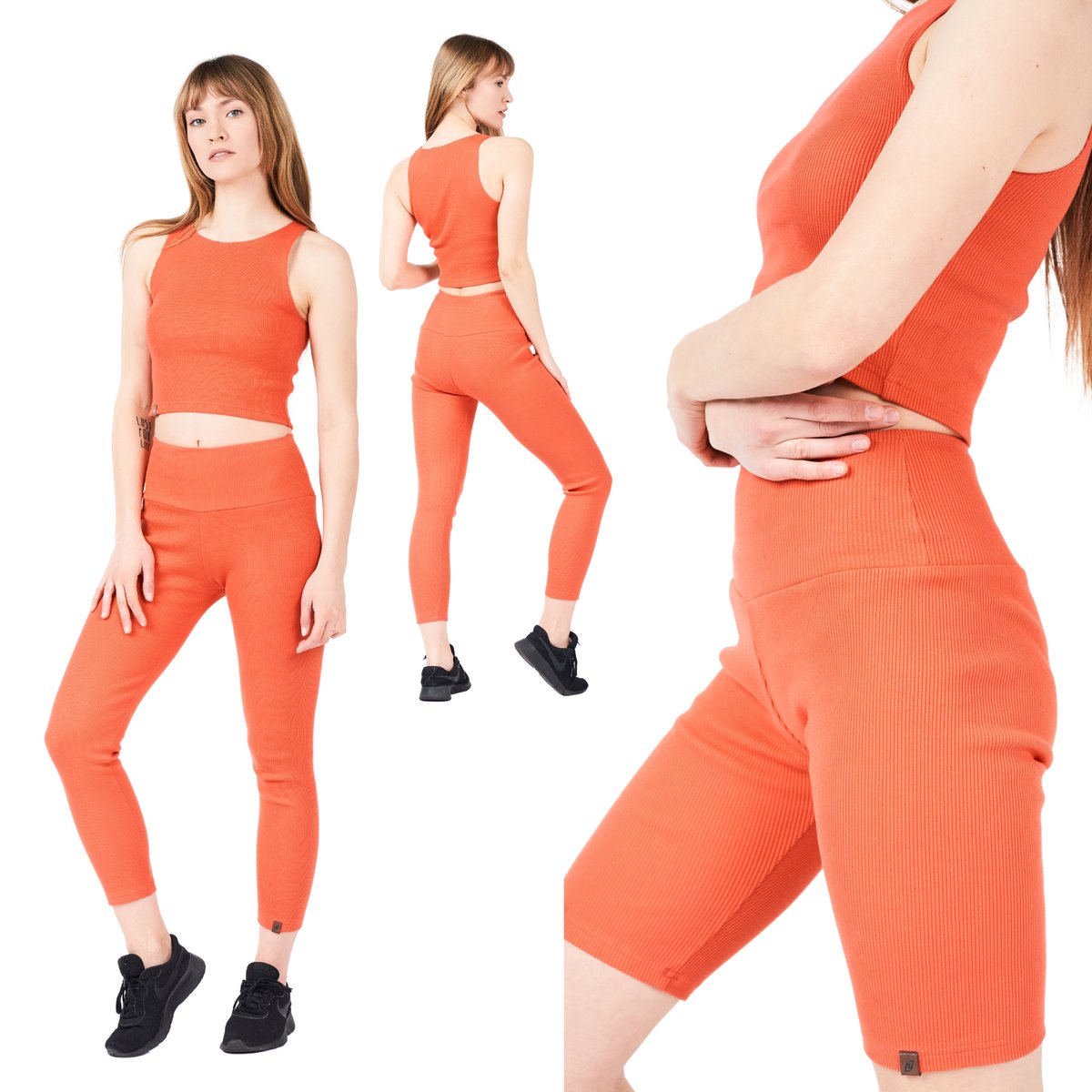Set damski bawełniany koralowy top + legginsy długie + legginsy krótkie L