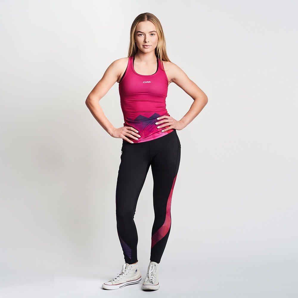 Legginsy sportowe damskie czarne różowe wstawki kieszeń na zamek XS Cuna