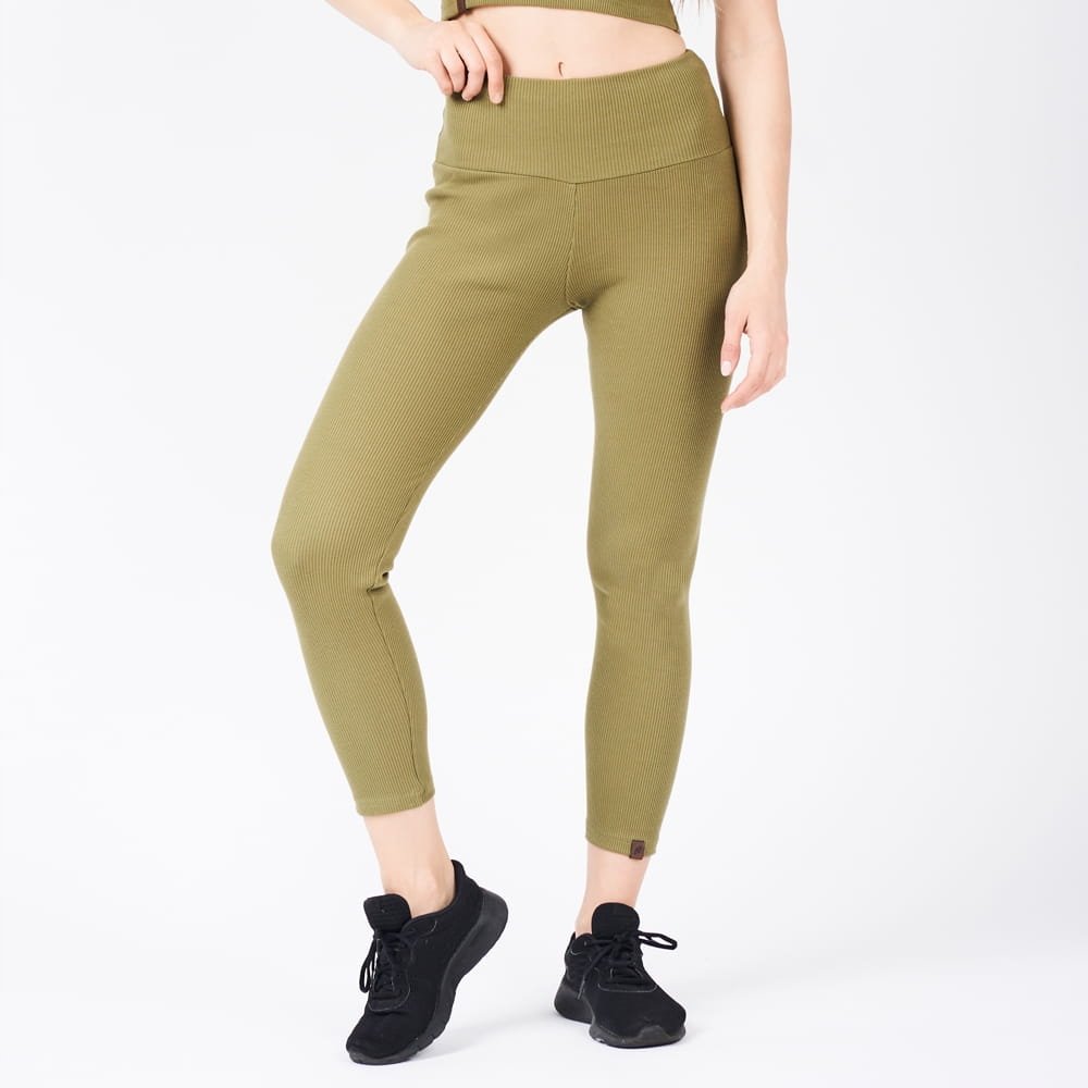Legginsy damskie bawełniane prążkowane długie kryjące zielone CUNA M