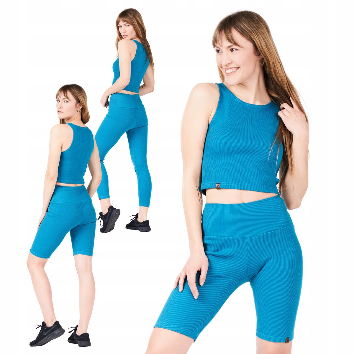 Komplet bawełniany damski top + legginsy długie i krótkie turkusowy M