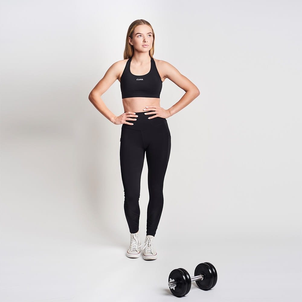 Legginsy sportowe damskie z siatką czarne kieszeń na zamek Cuna S