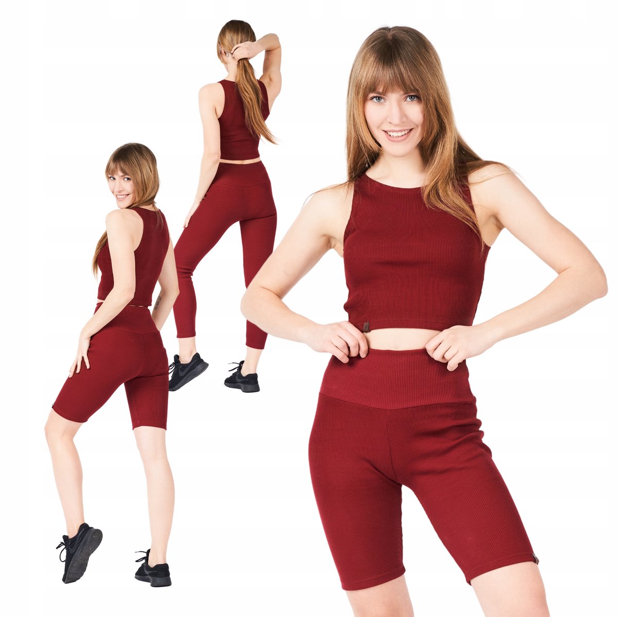 Komplet bawełniany damski top + legginsy długie i krótkie bordowy XL