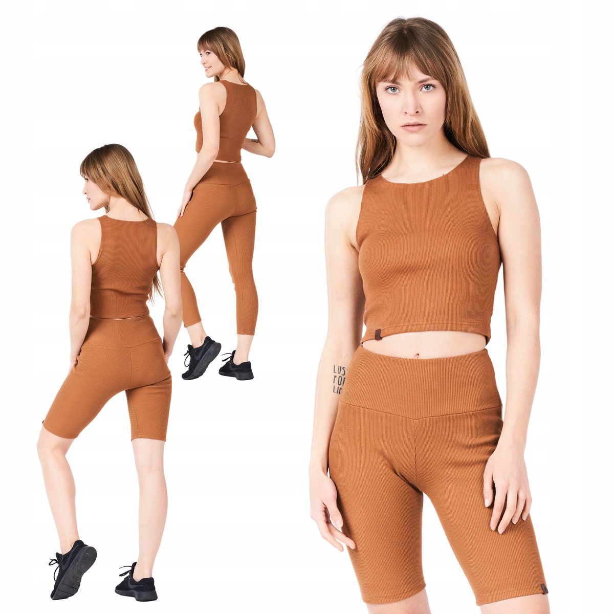 Komplet damski bawełniany karmelowy top legginsy długie legginsy krótkie XL