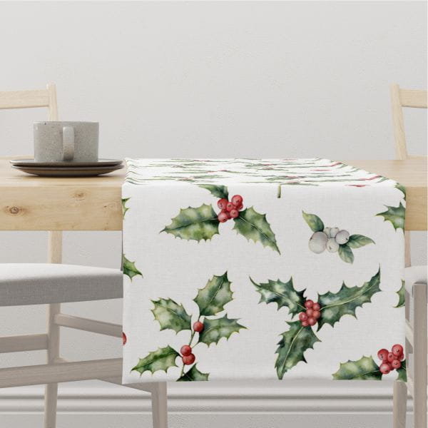 Bieżnik świąteczny WINTER wzór BN38 akwarelowy ostrokrzew 40 x 140 cm