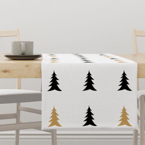 Bieżnik świąteczny WINTER wzór BN06 czarne i musztardowe skandynawskie choinki 40 x 140 cm
