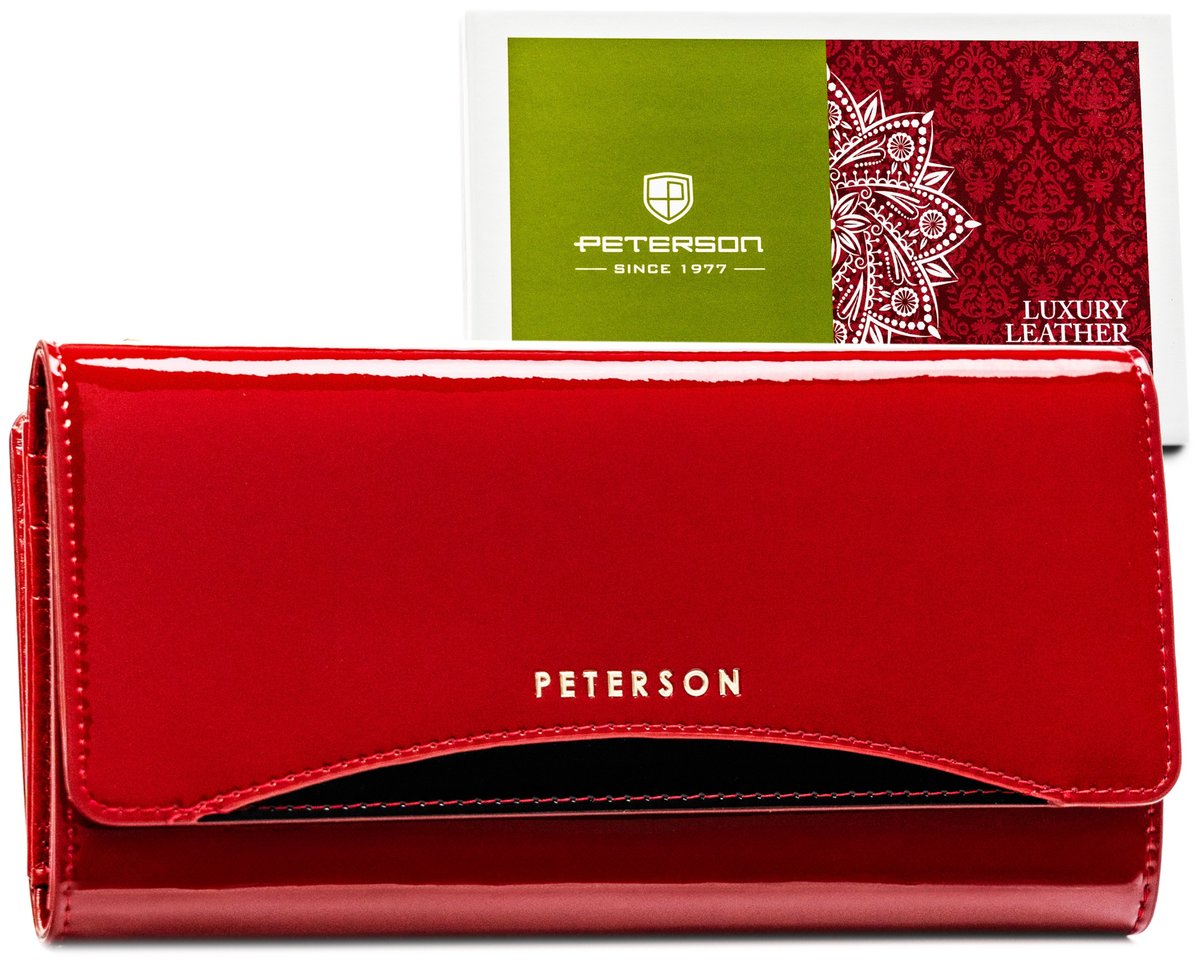 Skórzany damski portfel Peterson lakierowany na karty pojemna portmonetka na suwak, czerwony