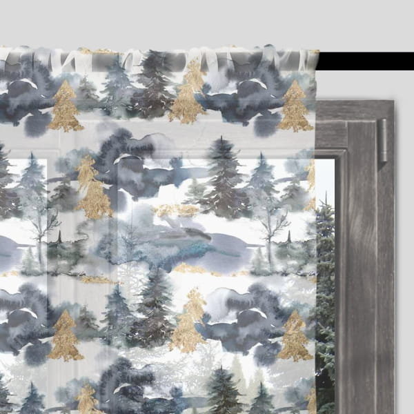 Firana świąteczna WINTER wzór BN33 | zimowy las ze złotem 140 x 260 cm