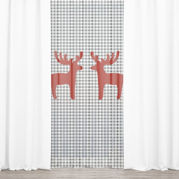 Firana świąteczna WINTER wzór BN13 | szara kratka i renifery 140 x 300 cm