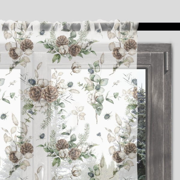 Firana świąteczna WINTER wzór BN34 | szyszki z kwiatami bawełny 140 x 260 cm