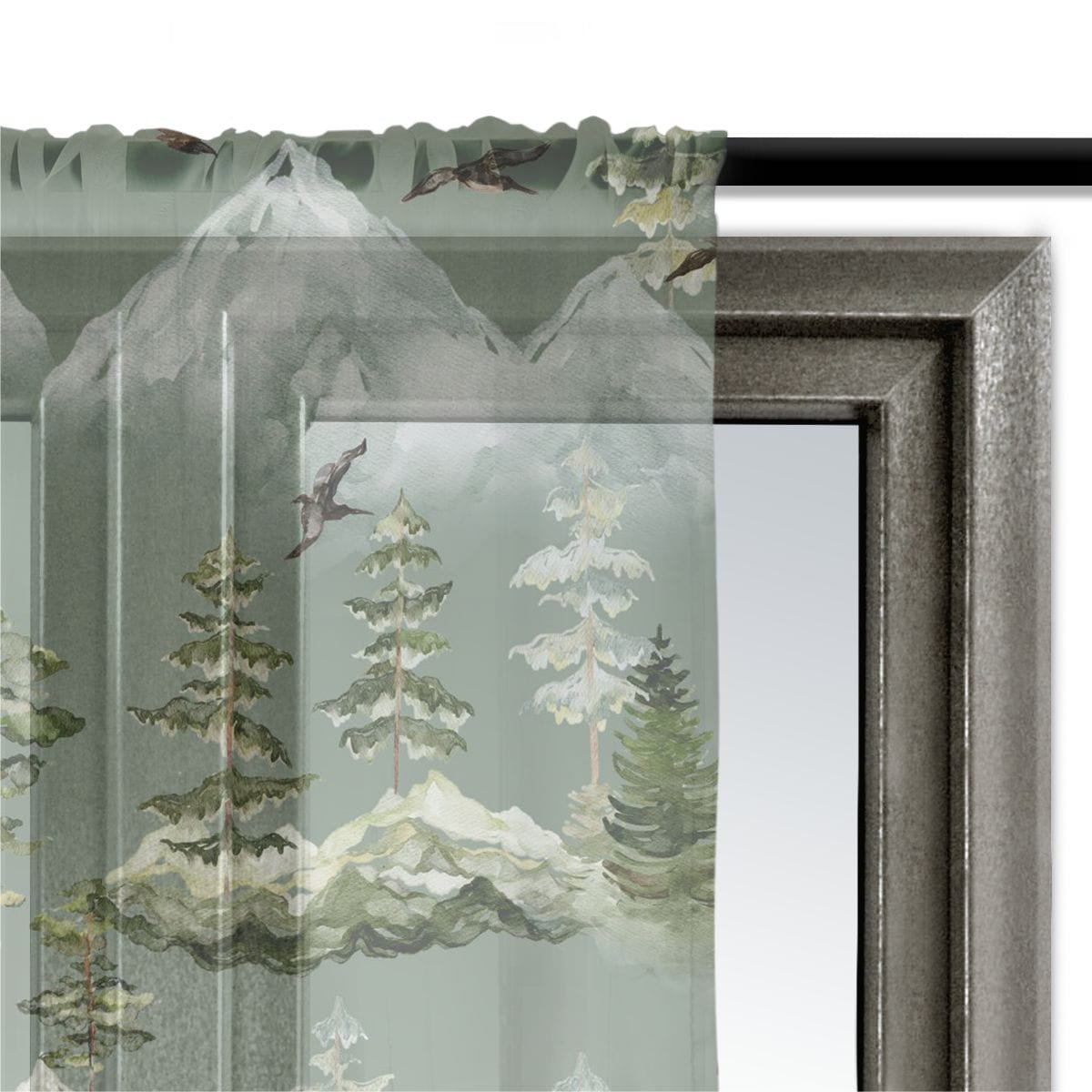 Firana świąteczna WINTER wzór BN50 | Leśny pejzaż na zielonym tle 140 x 230 cm