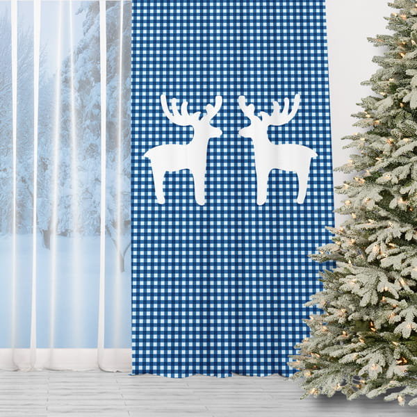 Zasłona WINTER  wzór BN14 | niebieska kratka i renifery 150 x 150 cm tkanina zaciemniająca