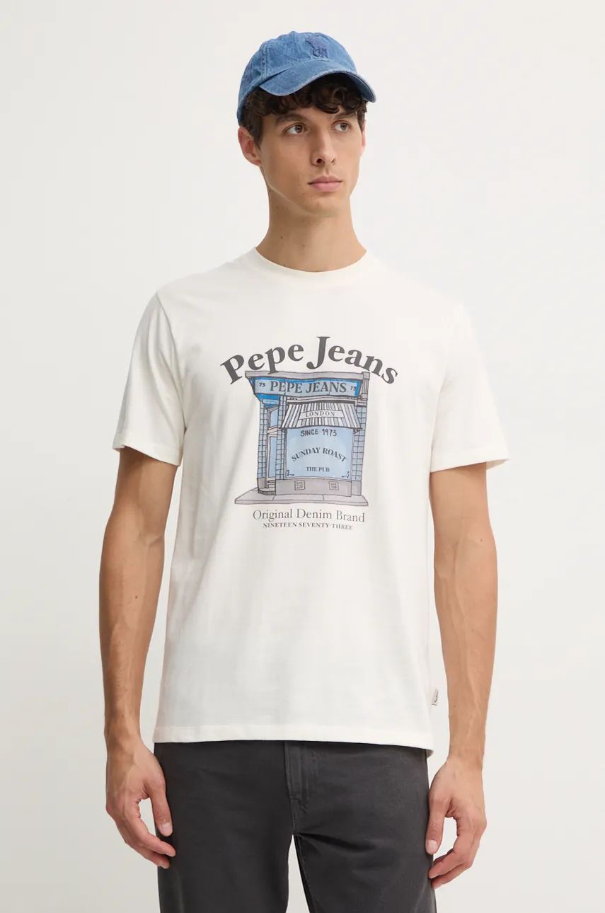 Pepe Jeans t-shirt bawełniany AGGO męski kolor beżowy z nadrukiem PM509638