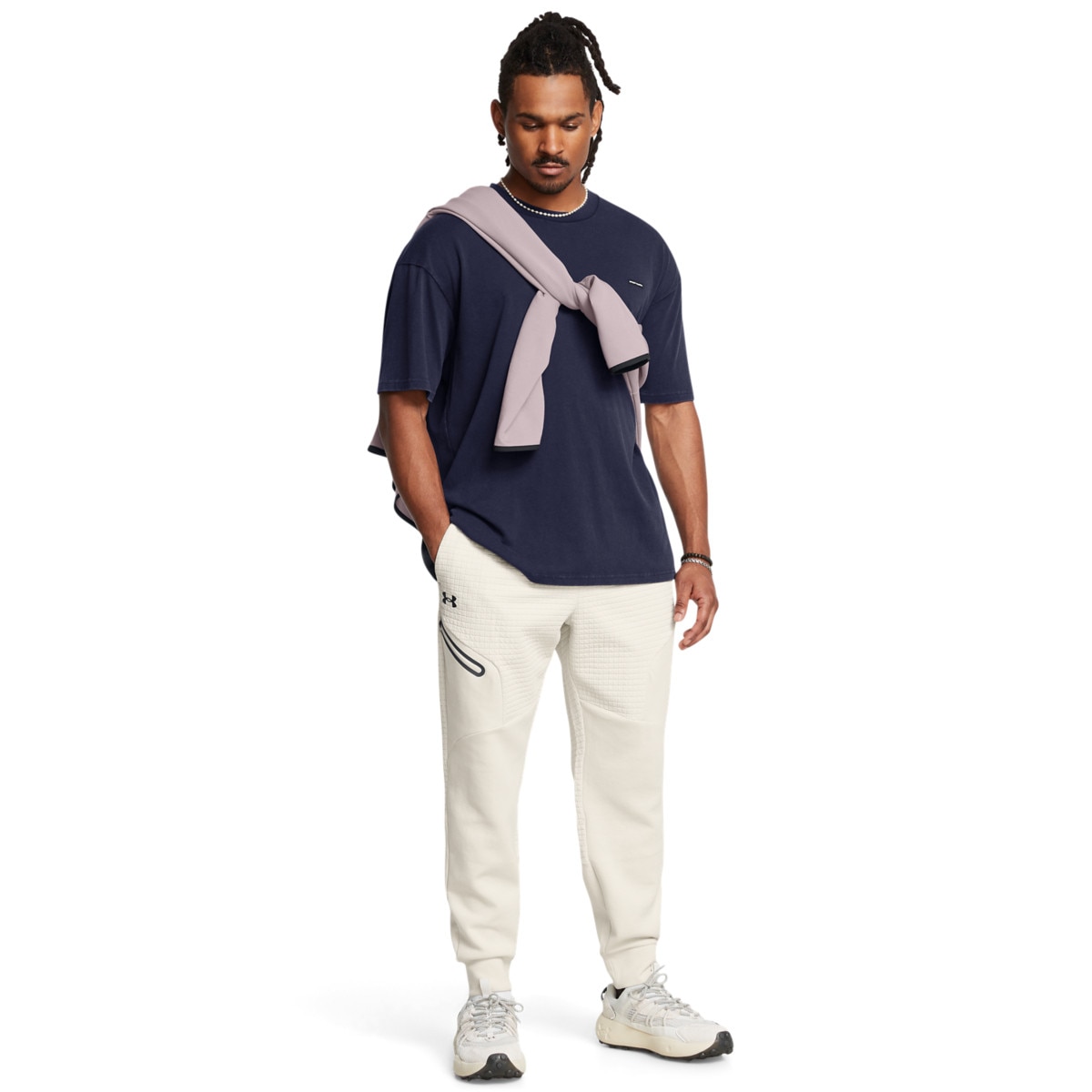 Męskie spodnie dresowe joggery Under Armour UA Unstoppable Fleece Grid - białe - UNDER ARMOUR