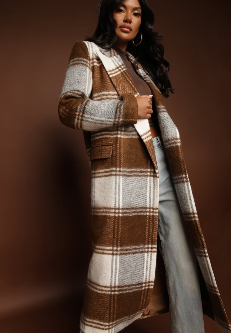 Brązowy Niezapinany Płaszcz w Kratkę z Kieszeniami z Klapą Fiboila