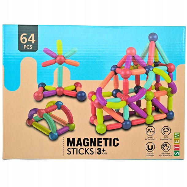 Klocki magnetyczne STEM magnetic sticks zestaw klocków magnetycznych 64 SZT