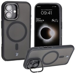 Bizon Etui z podstawką i pierścieniem magnetycznym Case Eclipse do iPhone 16, przydymione z czarną ramką