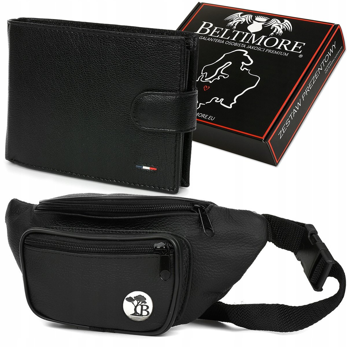 Zestaw męski skórzany portfel saszetka klasyczny czarny prezent Beltimore
