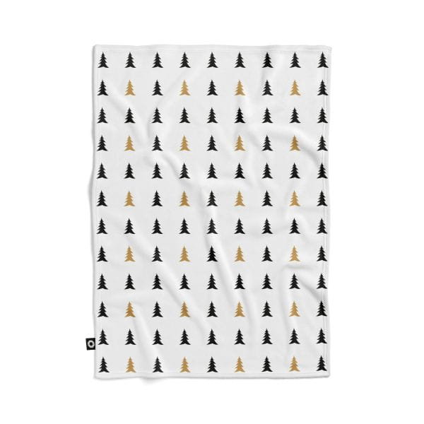 Koc pluszowy WINTER wzór BN06  | czarne i żółte skandynawskie choinki 135 x 100 cm