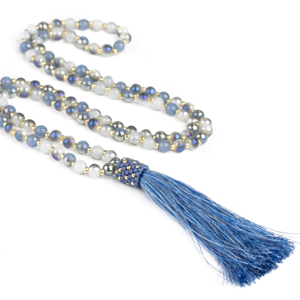 Naszyjnik Mala tybetańska, buddyjska szaro-niebieska / JG. Projekt