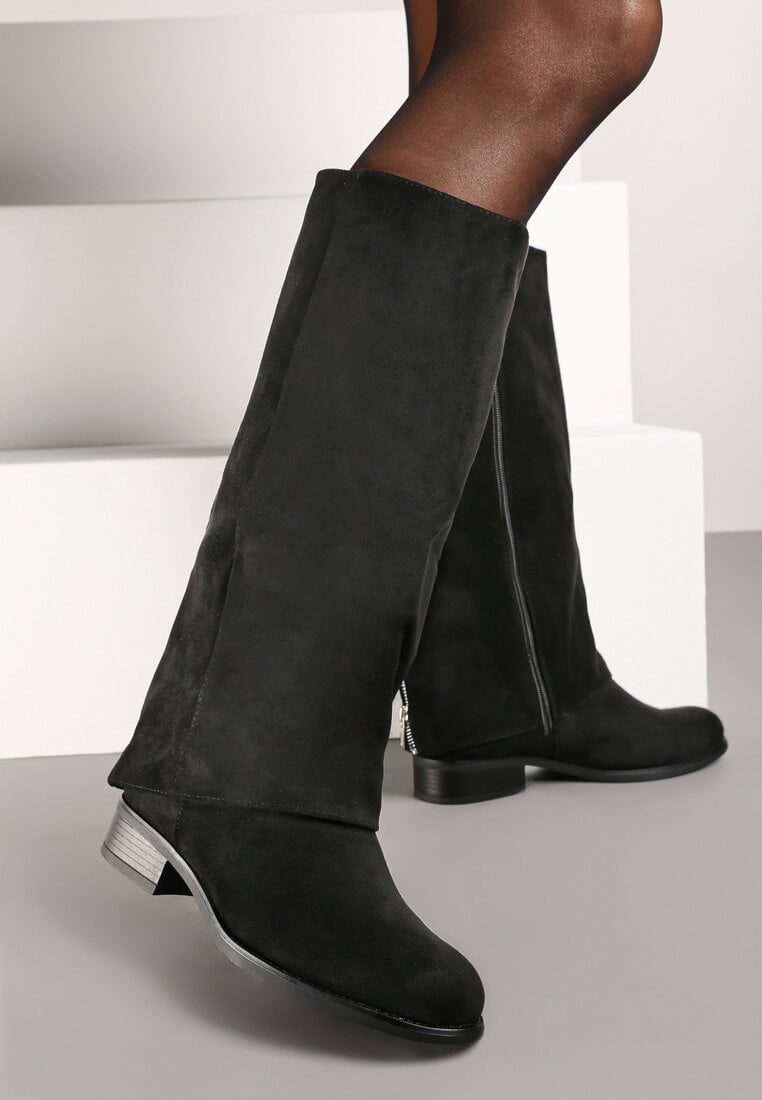 Czarne Kozaki z Imitacji Zamszu na Płaskim Obcasie z Wywiniętą Cholewką Reanilis