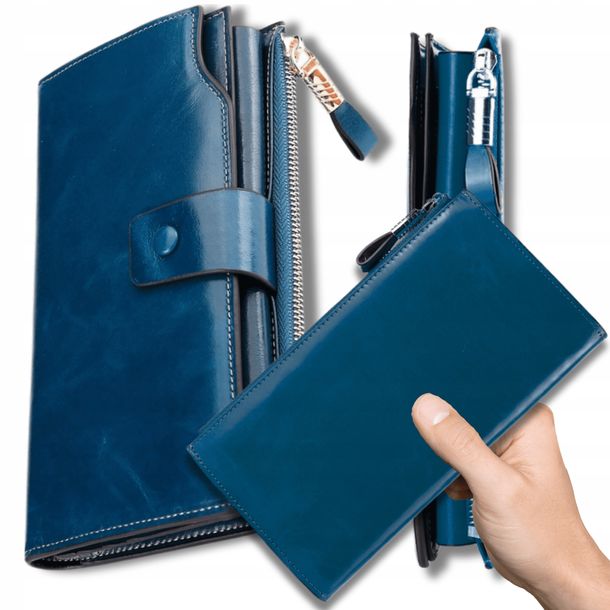 Portfel damski skórzany duży lakierowany pojemny RFID z paskiem niebieski