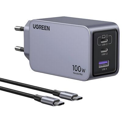 Ładowarka sieciowa Ugreen Nexode Pro 100W, GaN, USB + 2x USB-C (szara)