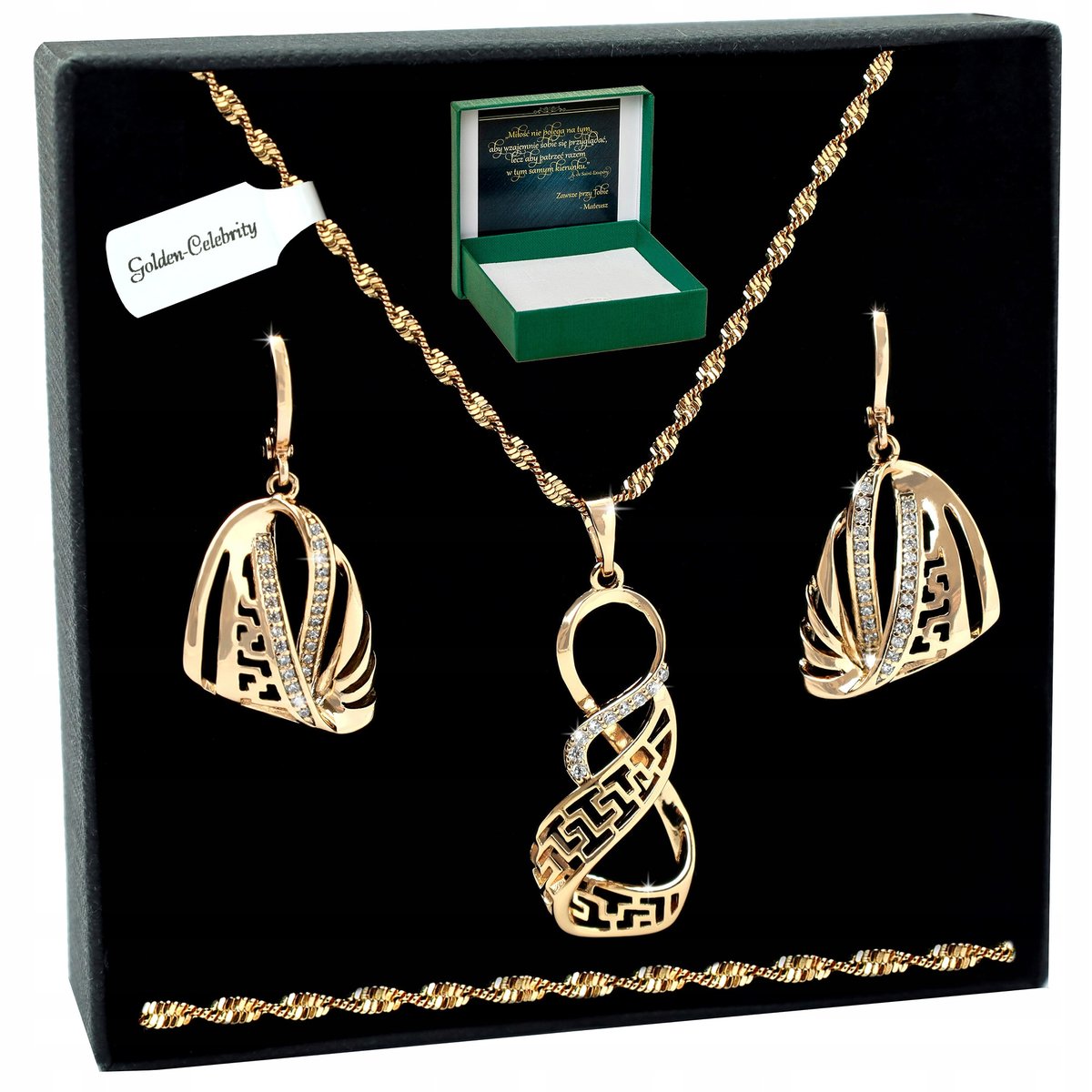 ZŁOTY KOMPLET BIŻUTERII DAMSKIEJ STAL CHIRURGICZNA Z CYRKONIAMI GRECKI 45CM