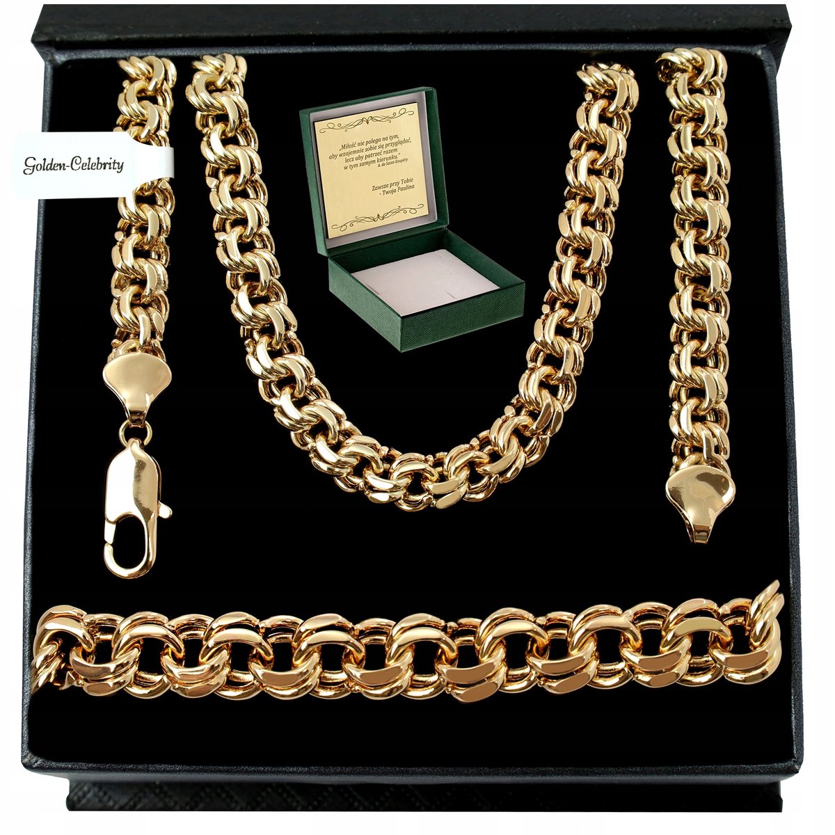 Złoty Łańcuszek Męski Garibaldi + Bransoleta / Komplet Szeroki Gruby+Grawer
