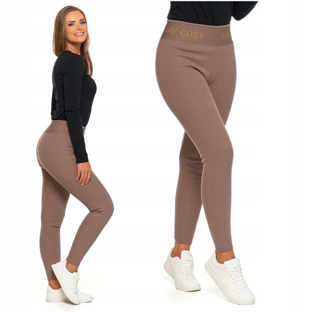 LEGGINSY DAMSKIE OCIEPLANE Prążkowane Wysoki Stan Modny Kolor MORAJ L/XL