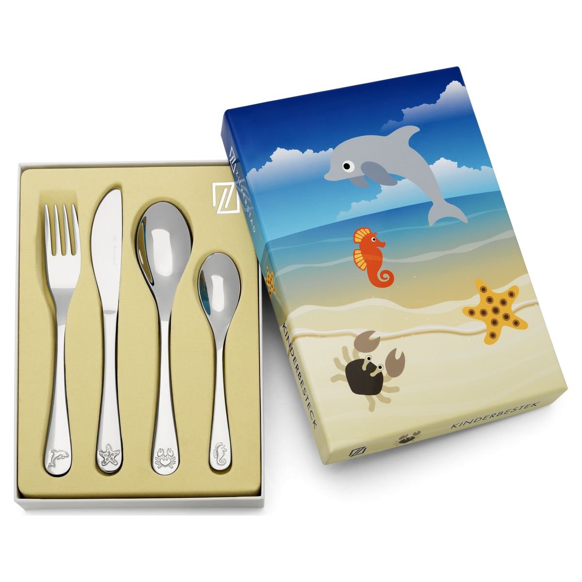 Sztućce dla dzieci z grawerem zestaw zwierzęta morskie | Rozmiar: 160x170x160x130 mm | SKU: ZV4258070