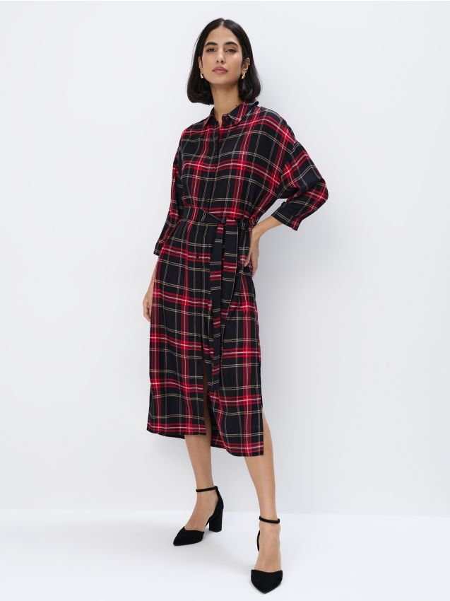 Mohito - Wiskozowa sukienka midi w kratę - granatowy