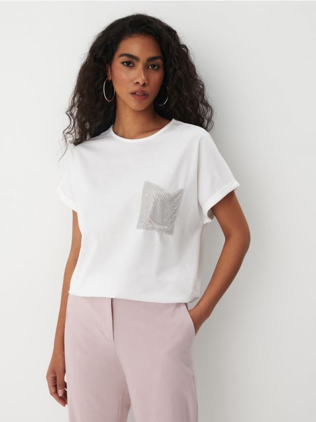 Mohito - T-shirt z cekinową kieszenią - biały