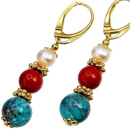 Perły Koral Turkus Przepiękne Kolczyki Złote Srebro