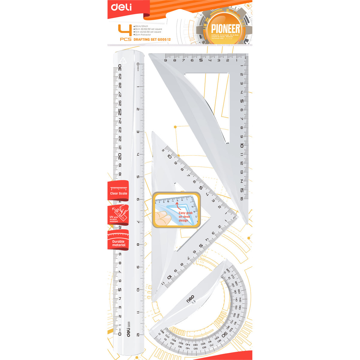 Zestaw geometryczny 4 elementy linijka kątomierz ekierka Deli transparent