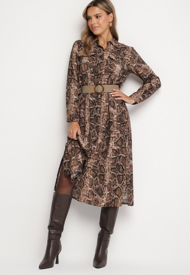 Brązowa Wiskozowa Sukienka w Wężowy Wzór o Koszulowym Kroju z Elastycznym Paskiem Rinnosia