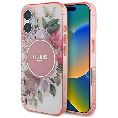 Etui GUESS IML Flower & Tonal Circle MagSafe do Apple iPhone 16 Różowy | Bezpłatny transport
