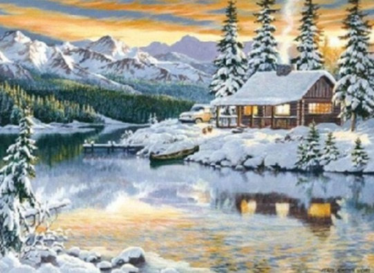 Diamentowa Mozaika Zima Chata Zaśnieżona W Górach 30x40