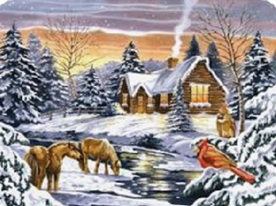 Diamentowa Mozaika Zima Dom Nad Strumieniem Wypas Koni 30x40