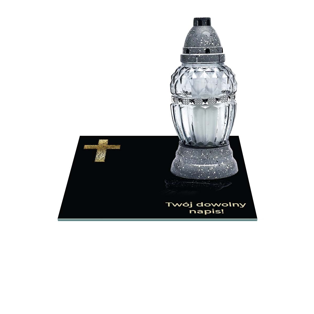 SZKLANA PODSTAWKA POD ZNICZE 30x30cm Z TWOIM DOWOLNYM NAPISEM