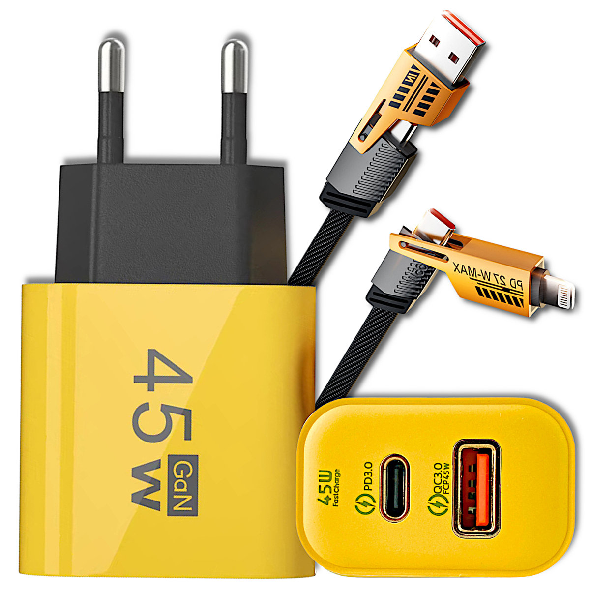 SZYBKA ŁADOWARKA SIECIOWA 45W GaN USB TYPE-C + KABEL 4w1 USB-C LIGHTNING