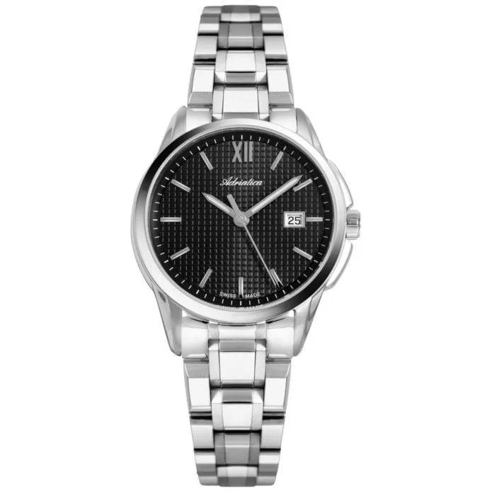 Adriatica zegarek damski srebrny z czarną tarczą i datownikiem A3190.1163Q