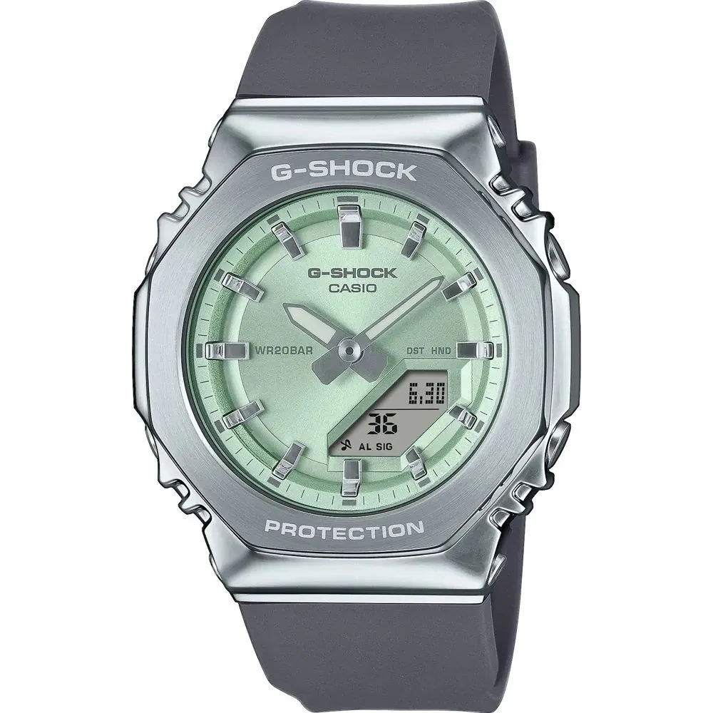 Casio G-SHOCK zegarek srebrny z zieloną tarczą GM-S2110-3AER 