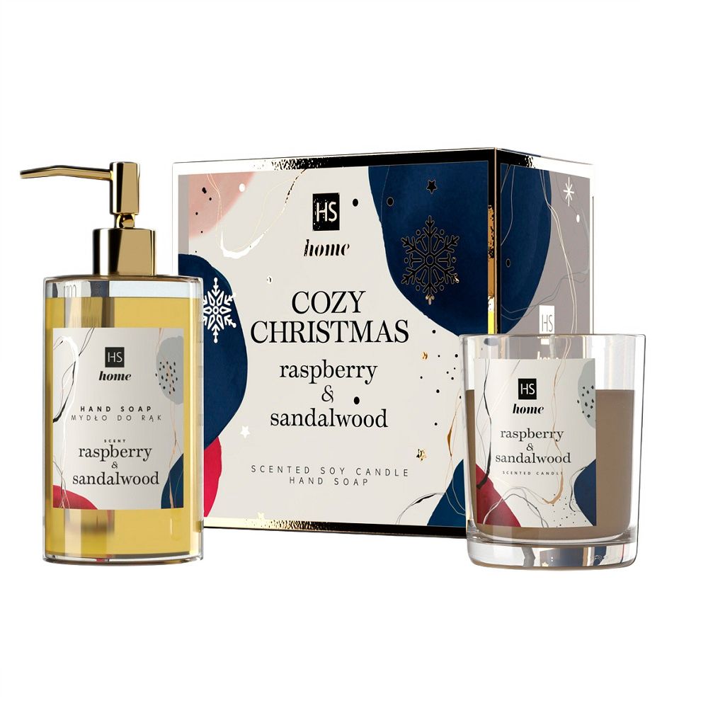 HISKIN SET Cozy Christmas mydło do rąk Malina i Drzewo Sandałowe 250ml + świeca Malina i Drzewo Sandałowe 150g