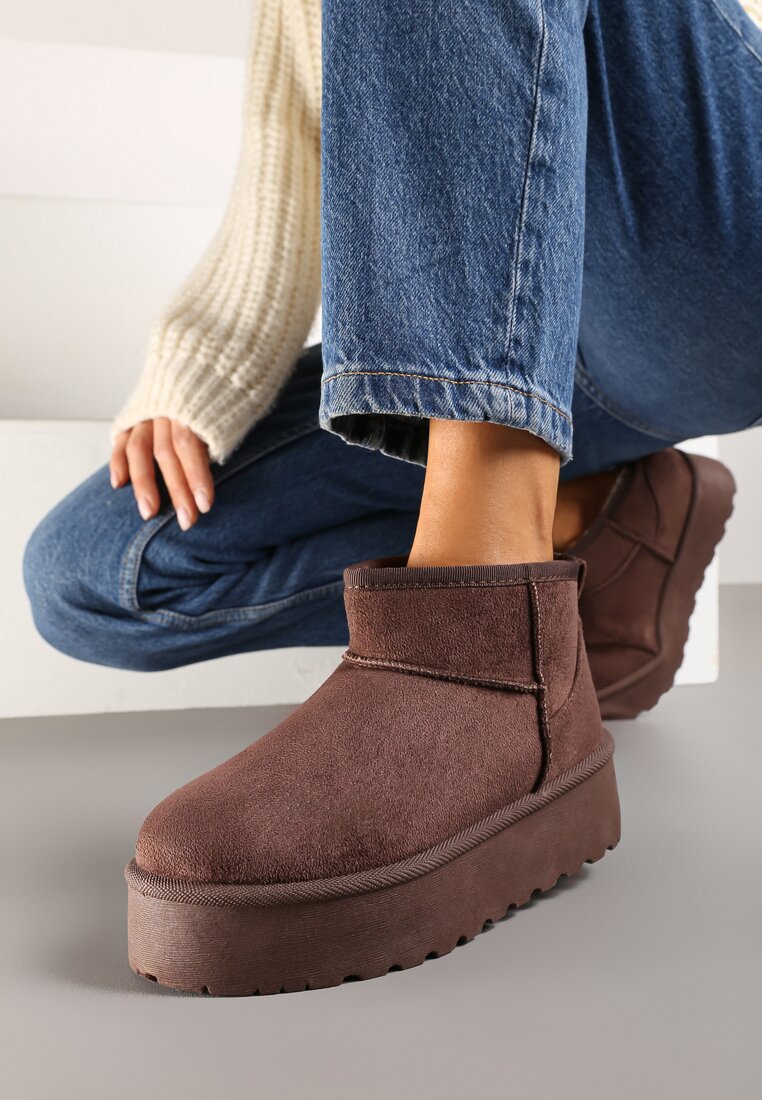 Brązowe Śniegowce z Imitacji Zamszu na Platformie z Niską Cholewką Reanirae