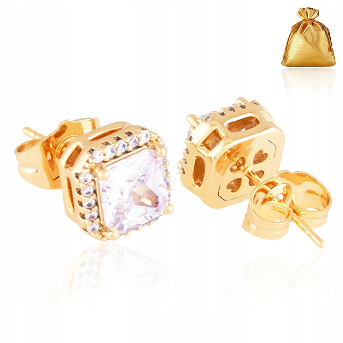 Złote Kolczyki Ze Stali Chirurgicznej Sztyfty Kwadratowe Białe Cyrkonie 18K