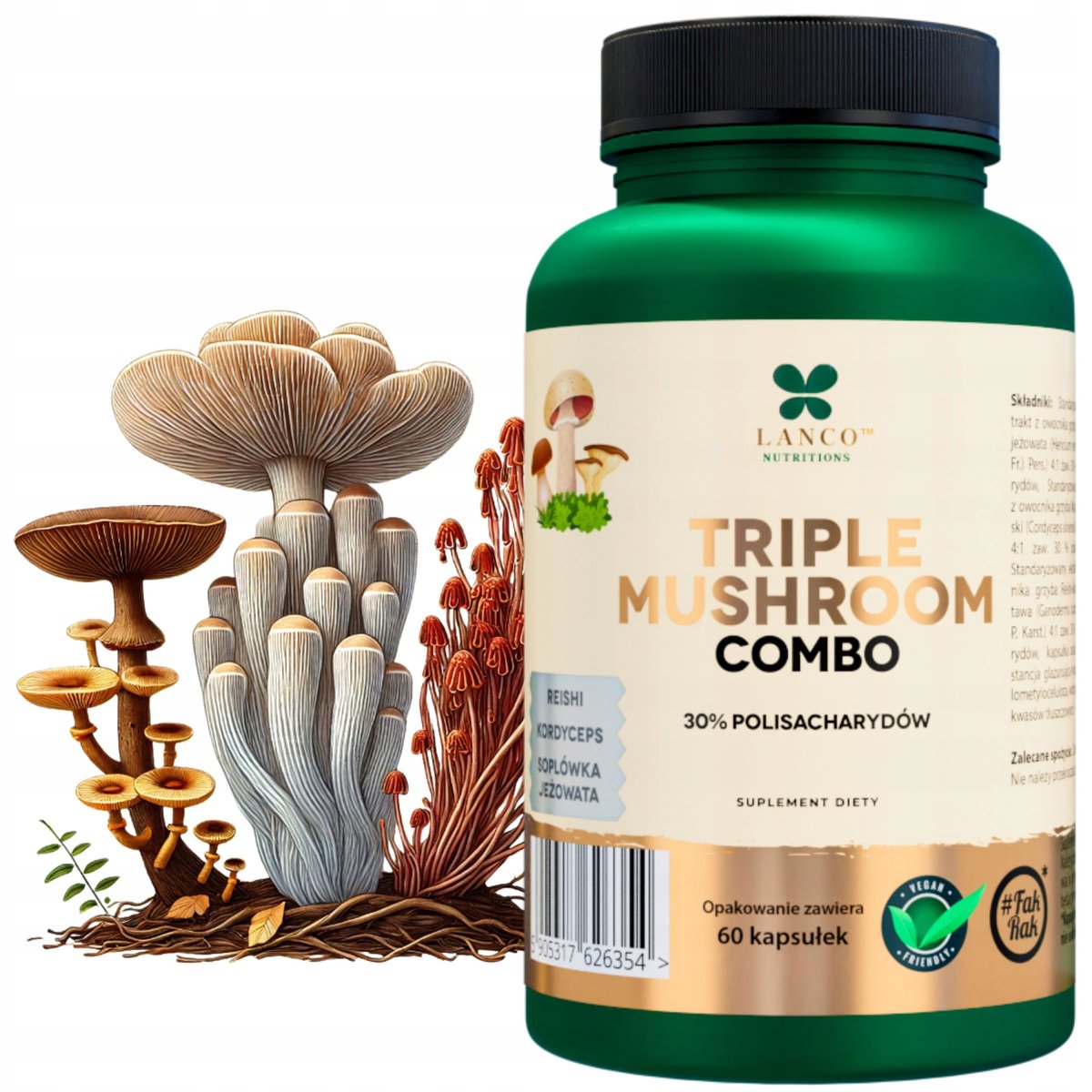 Suplement diety, Triple Mushroom Combo 600mg Soplówka Jeżowata Lions Mane Reishi Kordyceps, 60 kaps.
