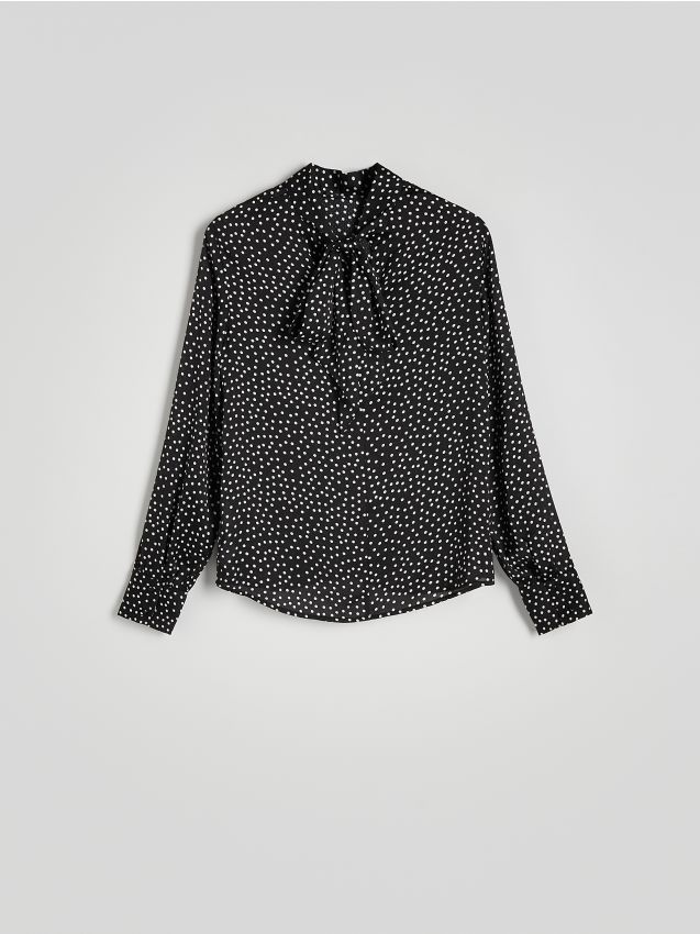 Reserved - Wzorzysta bluzka z wiązaniem - czarny