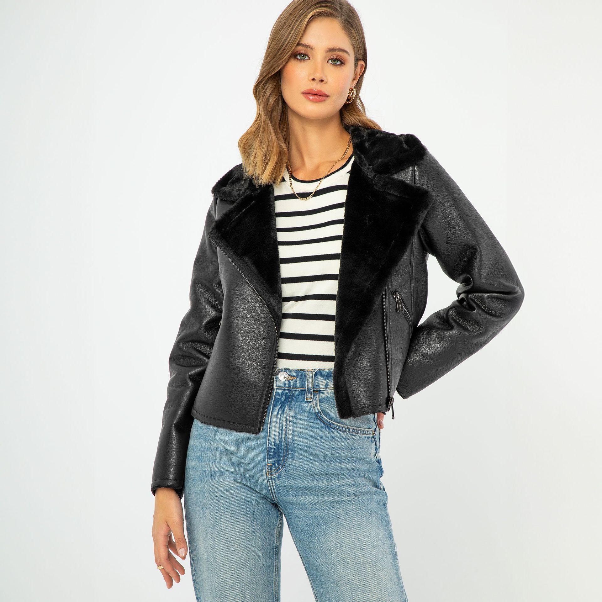 Damska ramoneska z ekoskóry futerkowa czarna